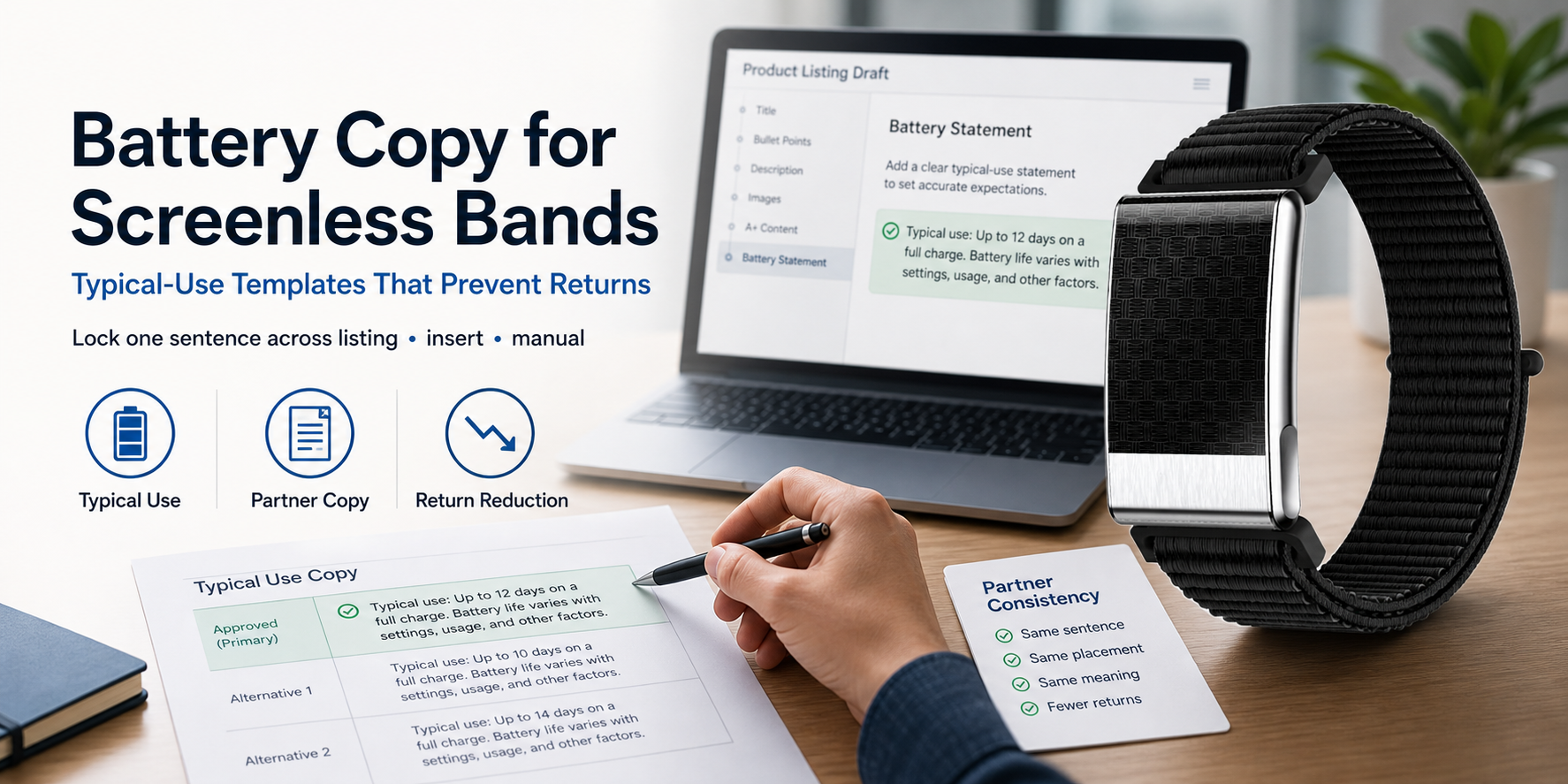 How to Write Battery Copy for Screenless Bands: Typical-Use Templates That Prevent Returns