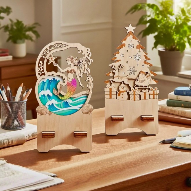 Customizable Wooden Assembled Mermaid/Christmas Tree Desktop Ornament, Multifunctional Phone Stand, DIY Handmade Holiday Gift