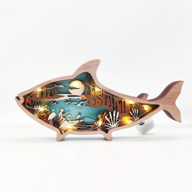Multi-Layer Wooden Animal Silhouette Ornament - 3D Stereoscopic Carved Nature-Themed Decorative Lamp | Shark / Wolf / Tiger / Bear Multiple Designs Available | Home Ambiance Gift