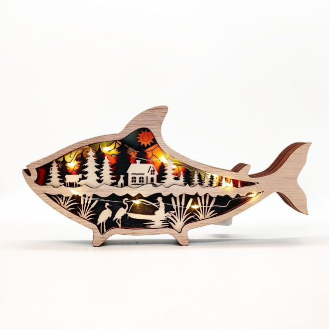 Multi-Layer Wooden Animal Silhouette Ornament - 3D Stereoscopic Carved Nature-Themed Decorative Lamp | Shark / Wolf / Tiger / Bear Multiple Designs Available | Home Ambiance Gift