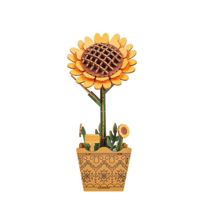Wooden Assembled Sunflower and Carnation DIY Desktop Ornament, Preserved Flower Building Block Puzzle, Holiday Gift