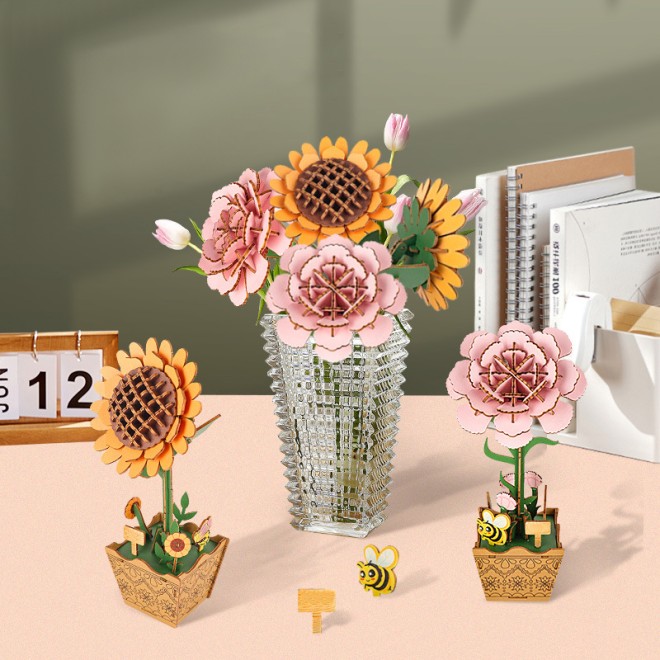Wooden Assembled Sunflower and Carnation DIY Desktop Ornament, Preserved Flower Building Block Puzzle, Holiday Gift