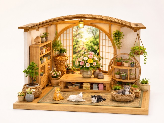 Japanese Floral Greenhouse DIY Miniature House Kit with LED | MOQ: 200 Pcs | OEM & ODM