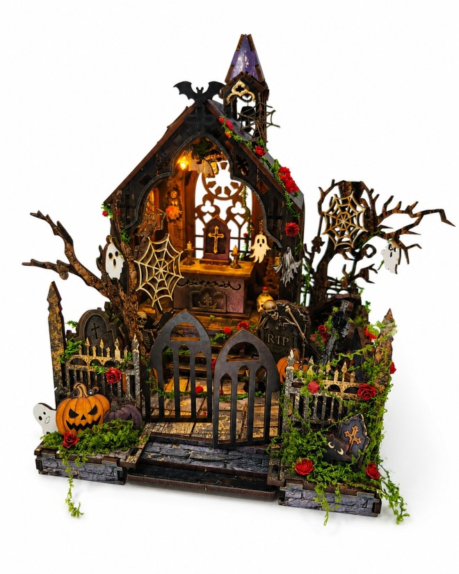 Haunted Chapel Halloween Wooden DIY Miniature House Kit with LED | MOQ: 200 Pcs | OEM & ODM