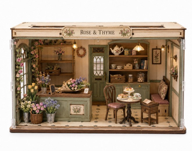 British Flower & Tea Shop Wooden DIY Miniature Shop Kit with LED | MOQ: 500 Pcs | OEM & ODM