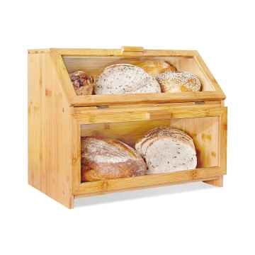 2-Tier Bamboo Bread Bin with Clear Acrylic Window | Large Box
