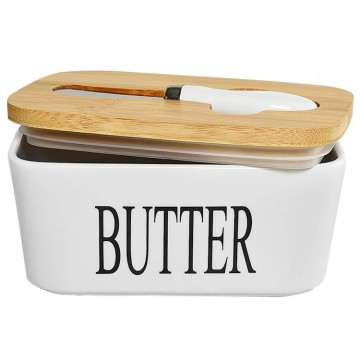 Ceramic Butter Dish with Bamboo Lid and Steel Butter Knife