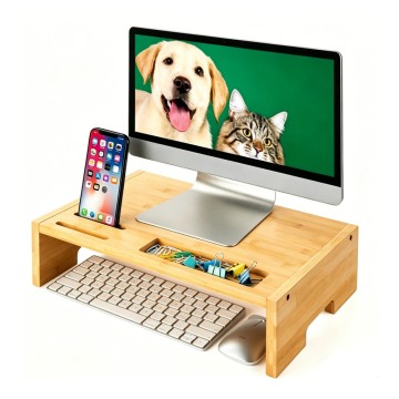 Ergonomic Bamboo Monitor Stand Riser | Desktop Organizer