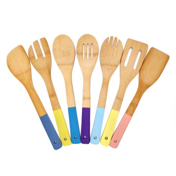 Modern Bamboo Cooking Utensils with Colorful Handles | HB1792