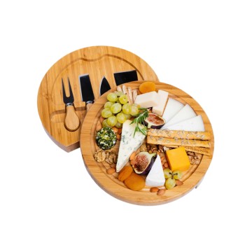 Round Bamboo Cheese Board Set with Rotating Knife Storage