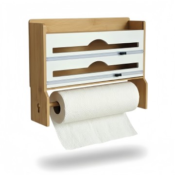 Dispenser Pembungkus Makanan 3-in-1 dari Bambu dengan Tutup Geser & Tempat Tisu Dapur
