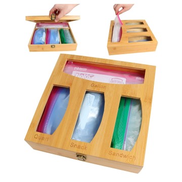 Organizer Kantong Ziplock Bambu dengan Kunci | Kotak Dapur 4 Slot