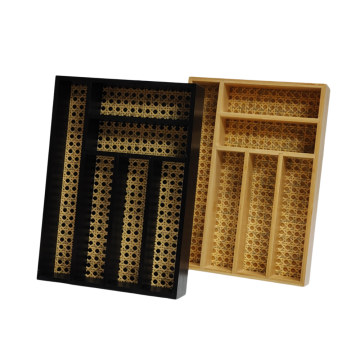 Bamboo Cutlery Tray with Rattan Webbing Bottom | 5-Slot Organizer