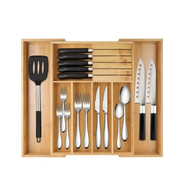 Expandable Bamboo Cutlery Tray with Integrated Knife Holder