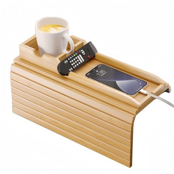 Detachable Bamboo Sofa Arm Tray Table with Slide-Away Organizer