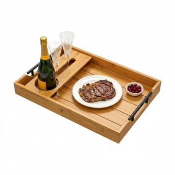 Plato sèvi banbou milti-fonksyonèl ak sipò vè diven detachable