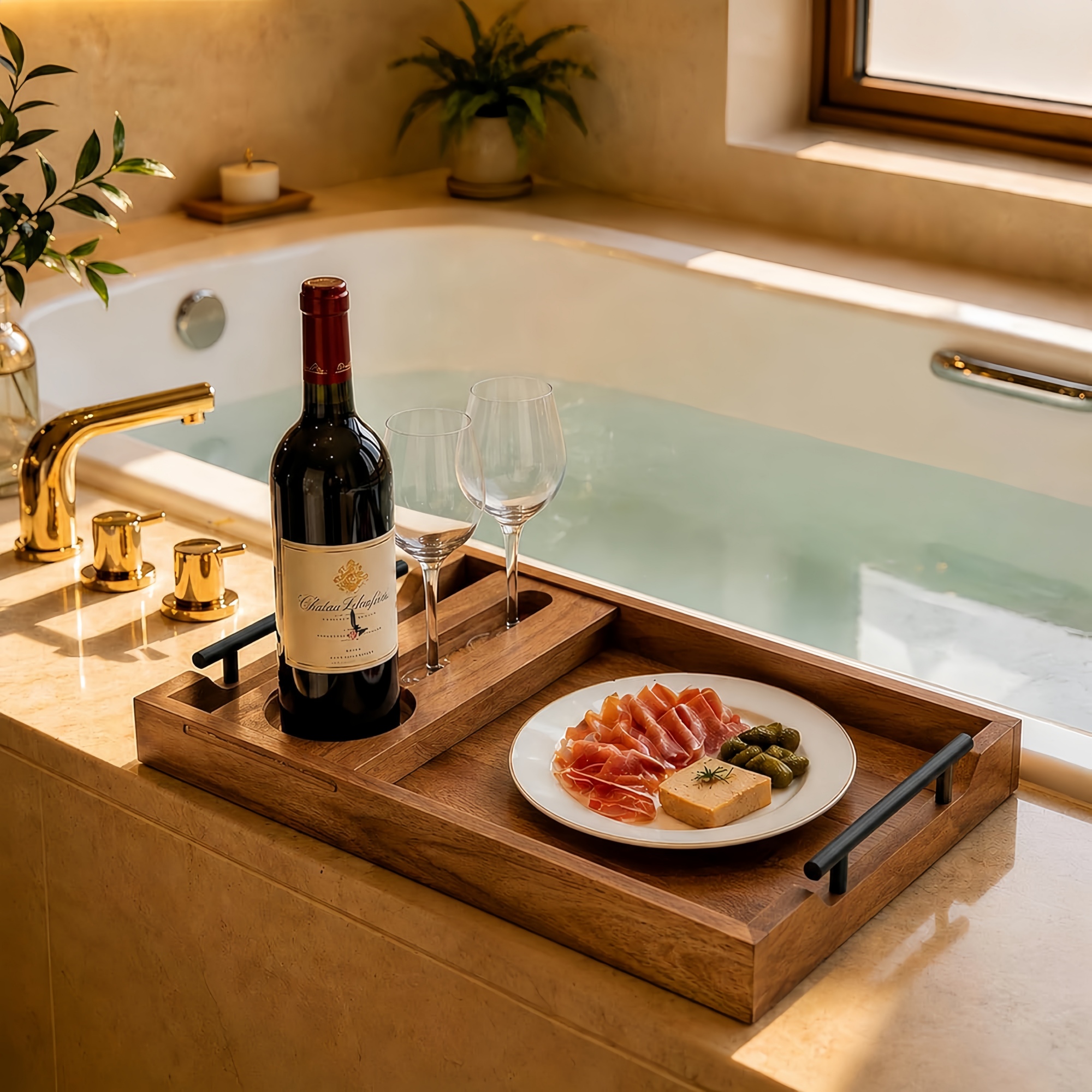 Elegantly styled lifestyle shot showing the rich acacia wood tray balancing on a marble bathtub ledge, configured with prosciuttos, dips, and a premium red wine bottle. Baki tempat anggur kayu akasia bak mandi mewah