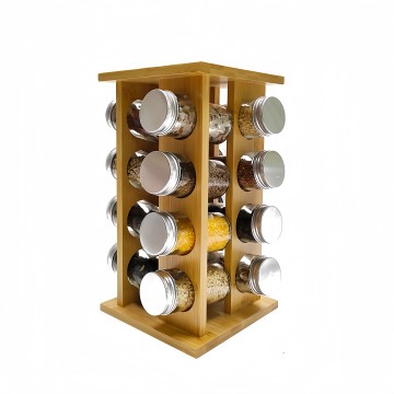 360° Rotating Bamboo Spice Rack Carousel Tower 16-Slot Countertop Holder