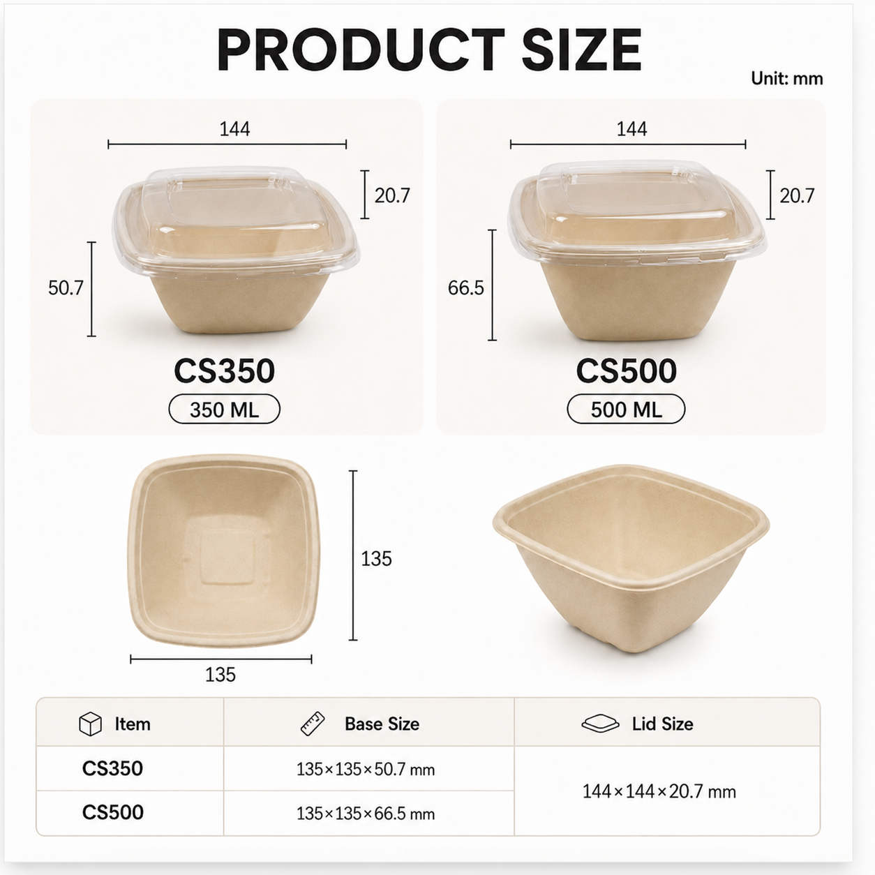 Bagasse Small Square Bowl with Lid