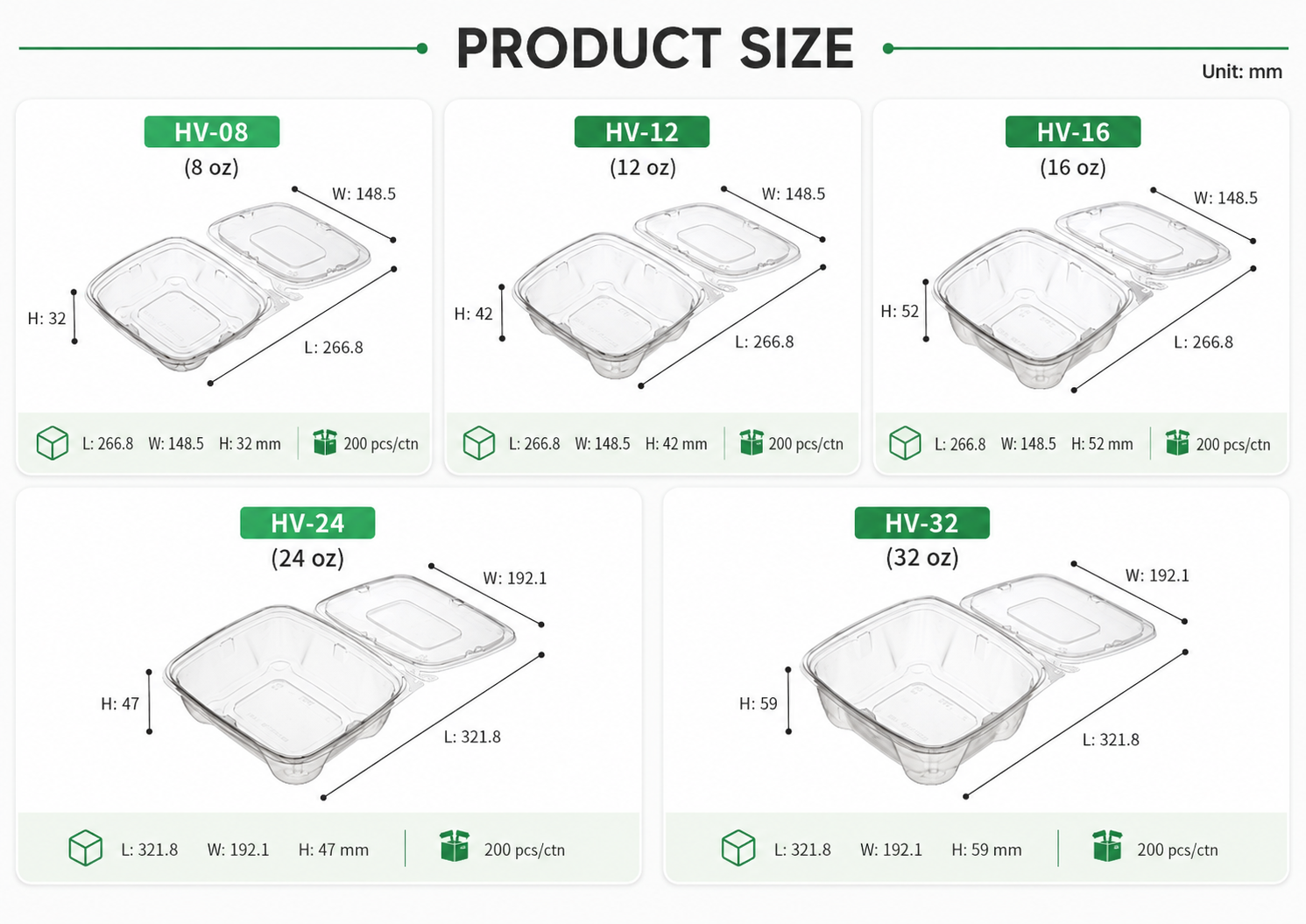 Disposable PET Salad Containers Size Detail