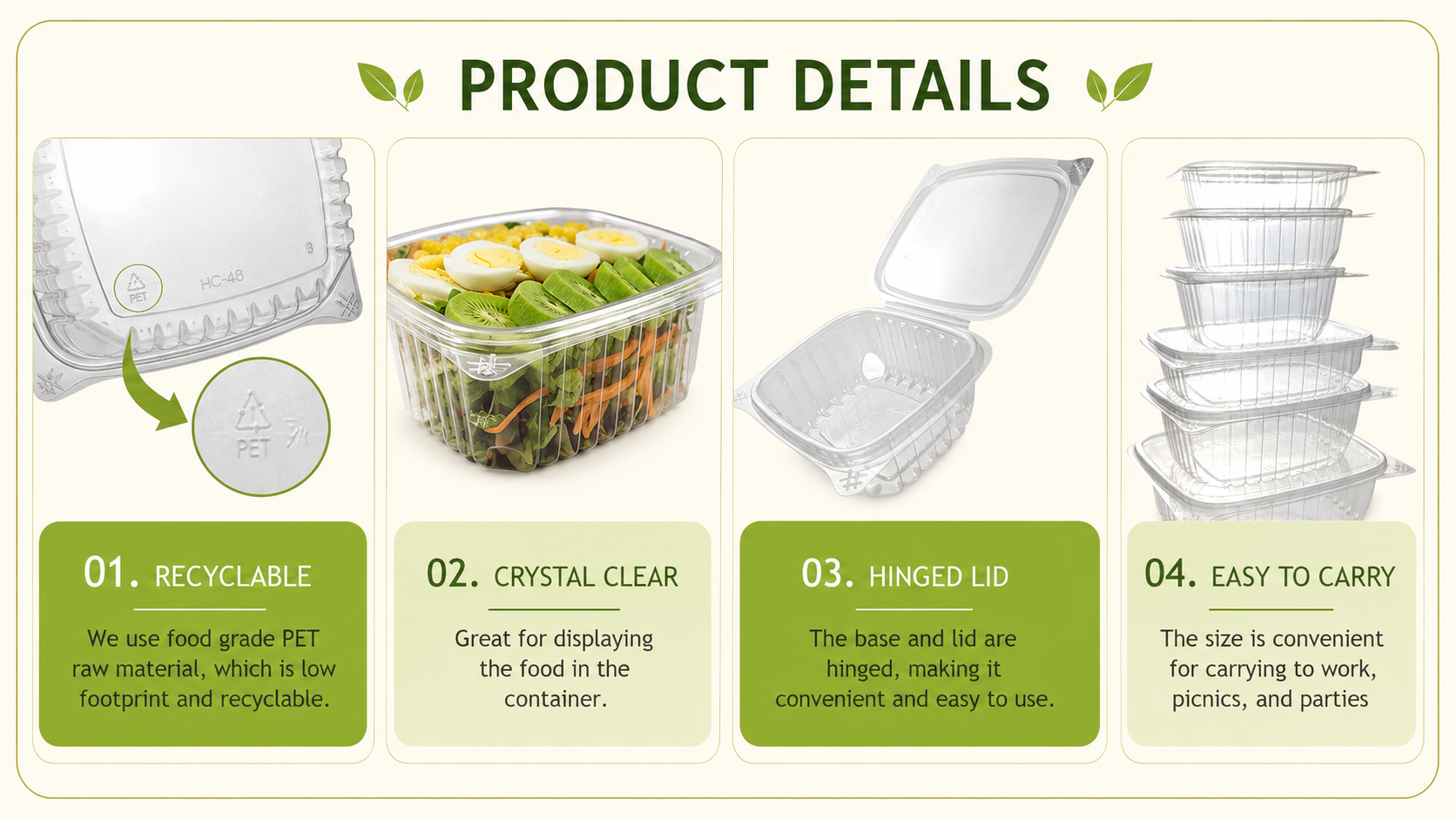 Recyclabe PET Salad Clamshell Container Detail