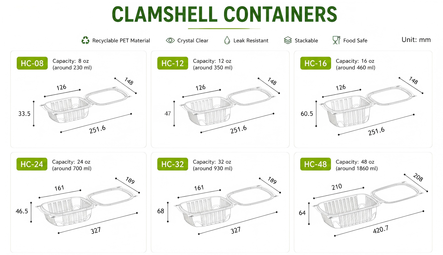 Recyclabe PET Salad Clamshell Container Size