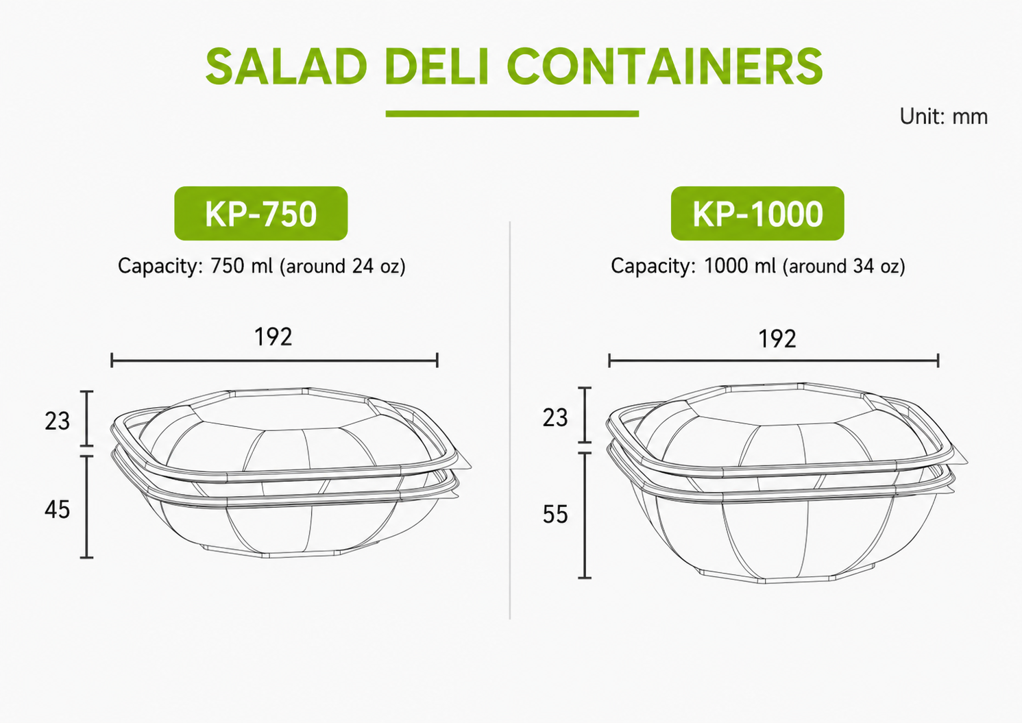 Recyclable PET Square Salad Container Size Detail