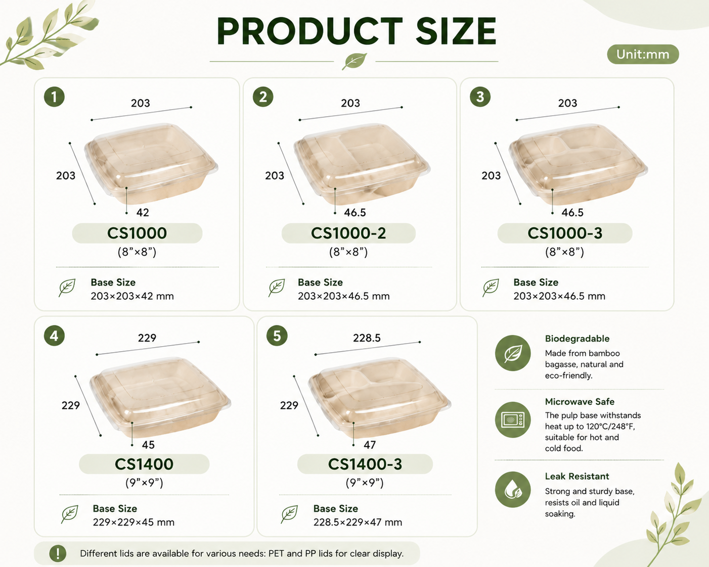 Square Disposable Bagasse Take Out Food Box With Lid Detail