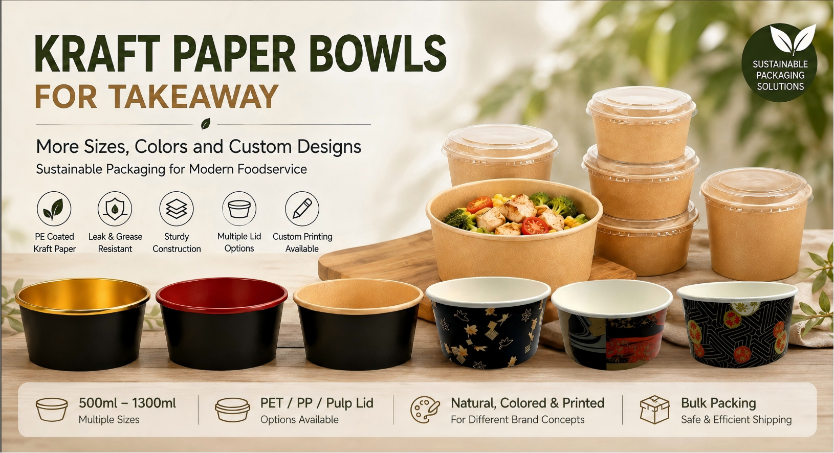 Kraft Paper Bowls for Takeaway: More Sizes, Colors and Custom Designs