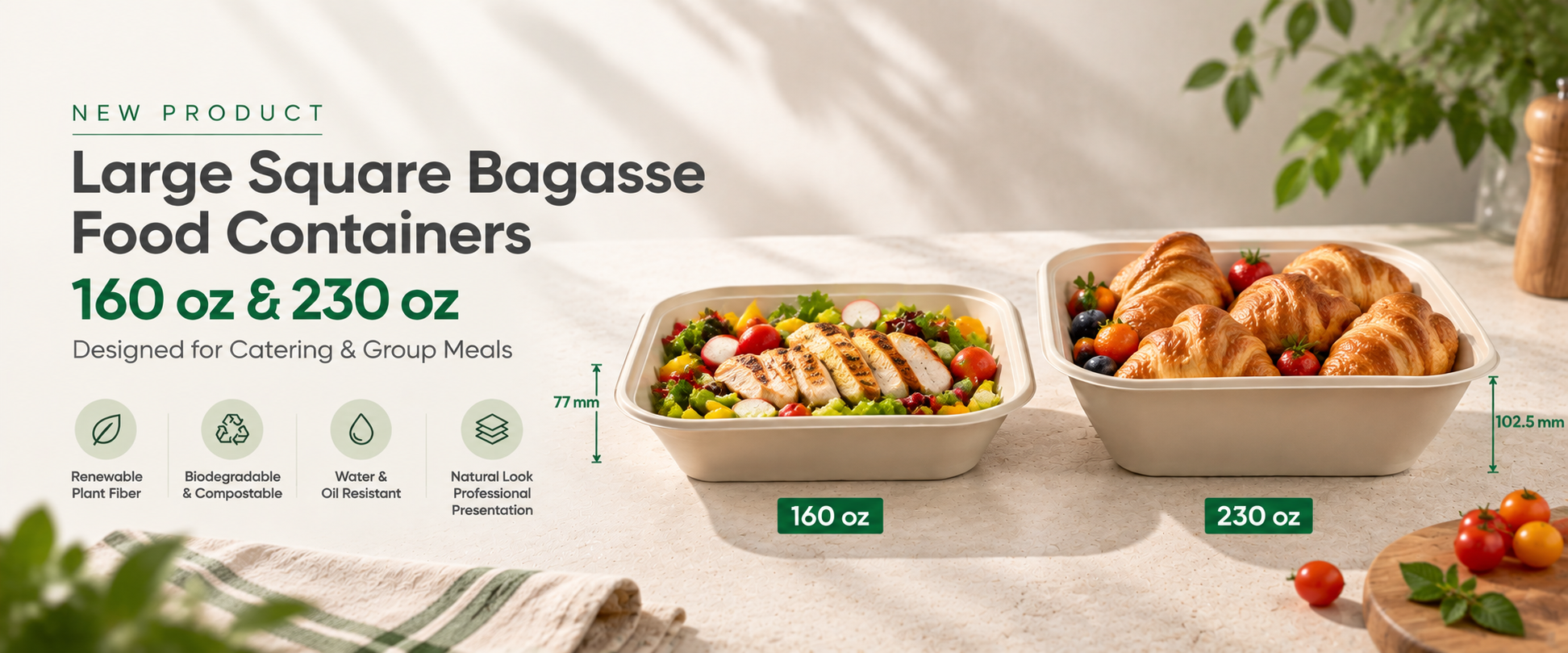 New Product Launch: 160 oz & 230 oz Large Square Bagasse Food Containers
