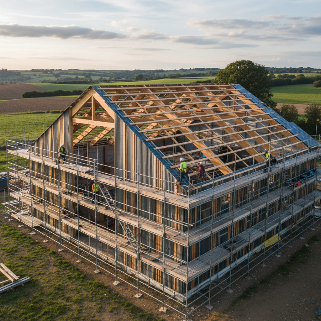 Scaffolding Structure For Structural Roof Framing And Wall Cladding Support In Modern Agricultural Barns