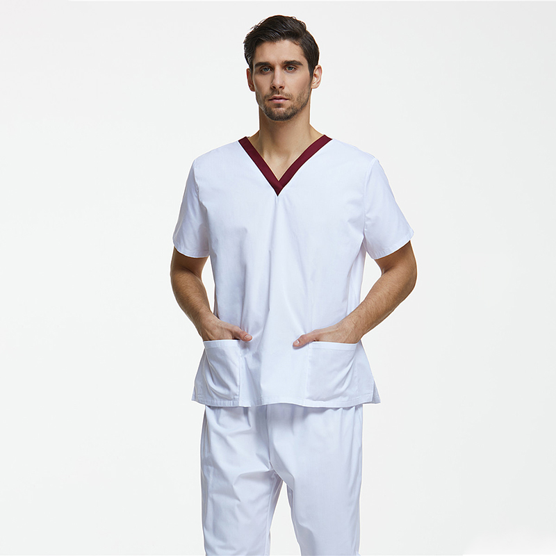 Men's V-Neck Medical Scrub Top SANXIA White with Maroon Trim