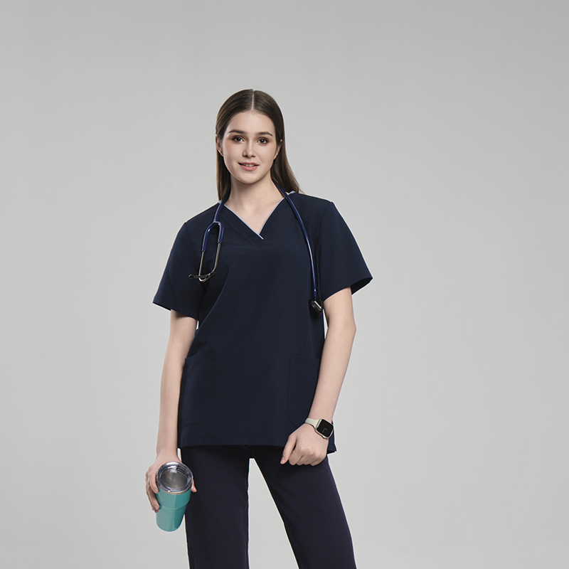 Women’s Dark Blue with Light Blue Trim V-Neck Scrub Top for Healthcare Teams