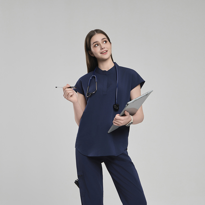 Women’s Navy Blue Solid Scrub Set with Stand Collar – Top and Pants
