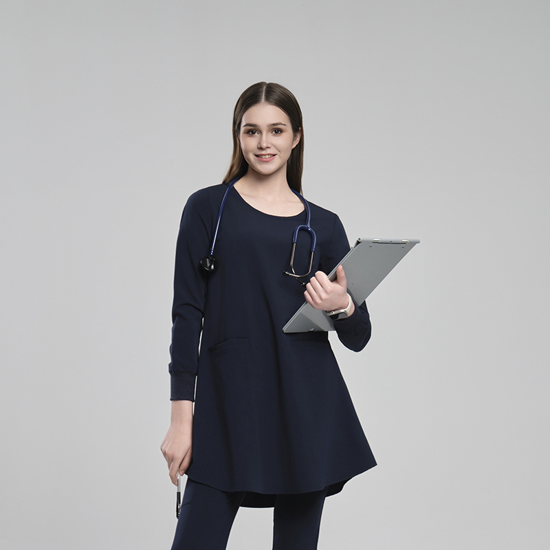Women’s Navy Blue Round Neck Long Sleeve Scrub Tunic for Healthcare Teams