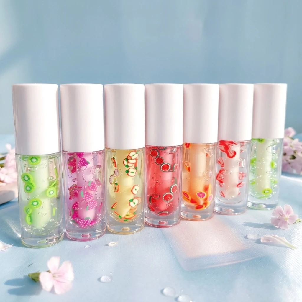Custom Lip Oil With Fruit Slices Different Flavors Colorful Lip Gloss Oil Color Fruit Kids Lipgloss Luxury OEM Vegan Lipgloss