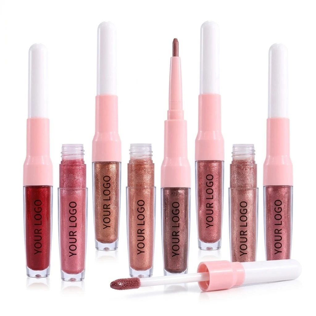 OEM 2-in-1 Mauve Metallic Lipstick and Lip Liner Makeup Shimmer Liquid Metallic Lipsticks Glitter Lip Gloss Stain Long Lasting