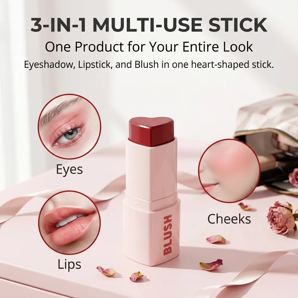 Custom Logo Face Make up Heart Shape Vegan Cream Blush Stick Private Label Organic Cheeks Matte Tint Cosmetics Heart Blush