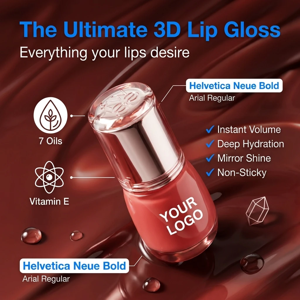 Customizable 3D Voluming Gloss Lip Gloss, High shining Long-lasting Moisturizing finish Makeup Glossy Hydrating Custom Colors