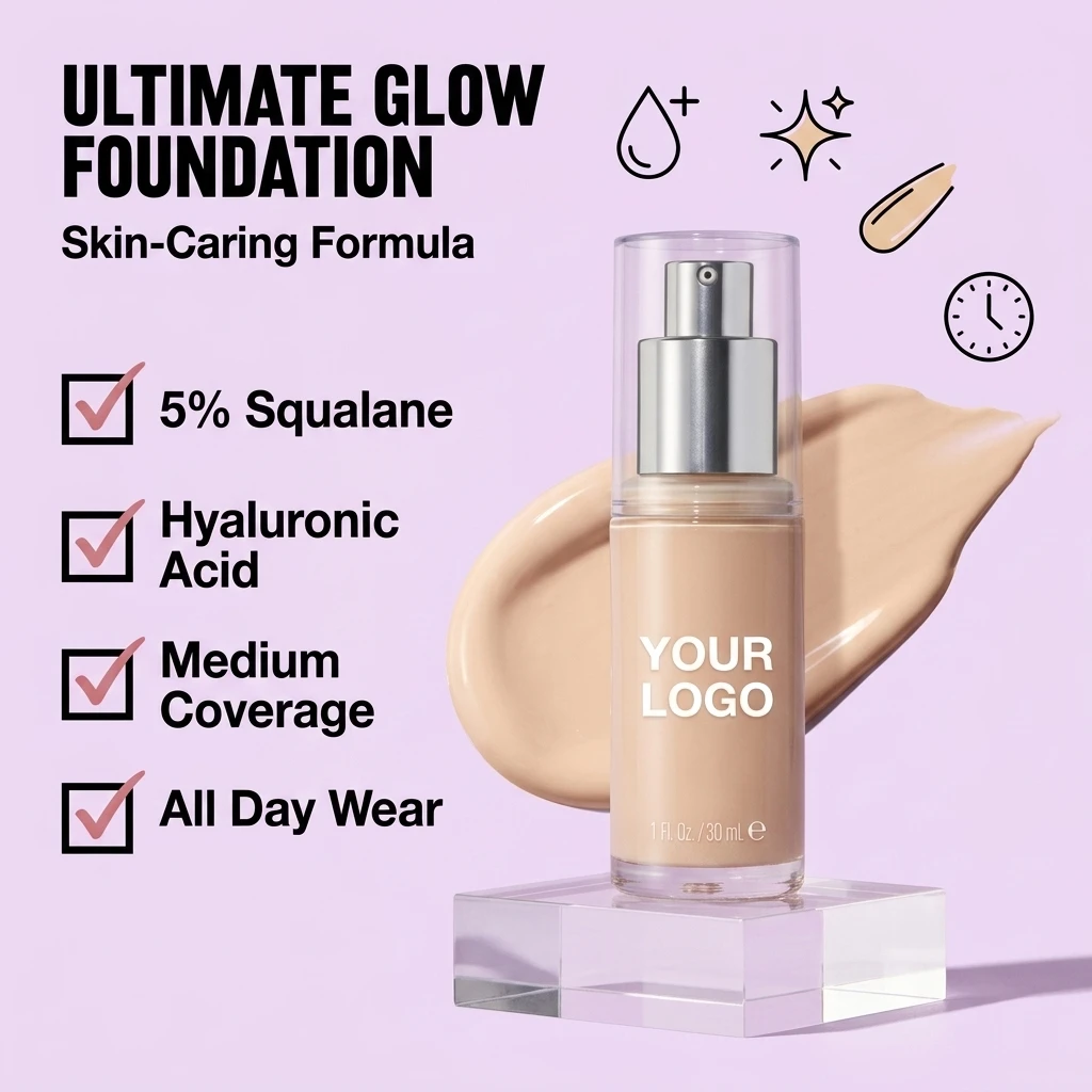 Custom Foundation OEM Makeup Caring Hyaluronic Acid Hydrating and Nourishing Formula with Medium Coverage Liquid Foundation
