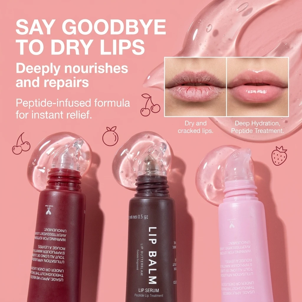 Custom Private Label Vegan Peptide Lip Butter Balm Squeeze Tube Fruit Flavor Hydrating Lip Tint Oil Customizable Lip Gloss Balm