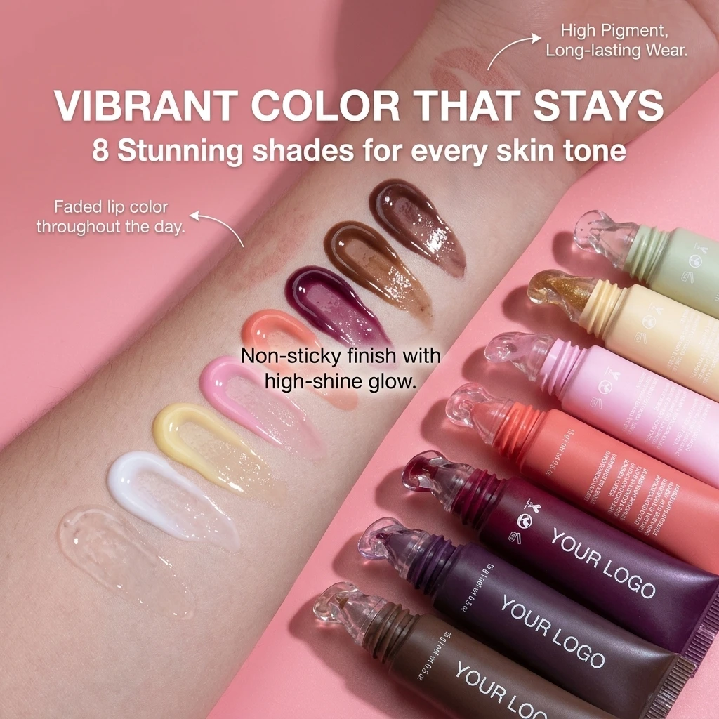 Custom Private Label Vegan Peptide Lip Butter Balm Squeeze Tube Fruit Flavor Hydrating Lip Tint Oil Customizable Lip Gloss Balm