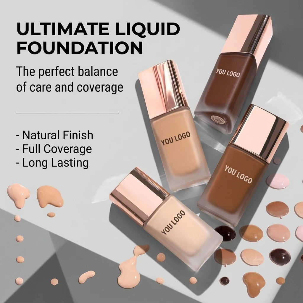 Multi Shade Liquid Foundation Full Coverage Vegan Long Lasting Natural Finish Waterproof Face Makeup Private Label Foundation