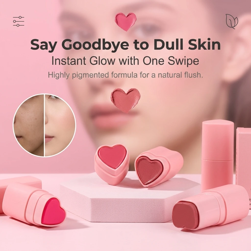 Wholesale OEM Face Make up Heart Shape Vegan Cream Blush Stick Private Label Organic Cheeks Matte Tint Cosmetics Heart Blush