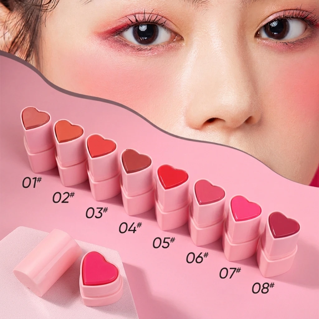 Wholesale OEM Face Make up Heart Shape Vegan Cream Blush Stick Private Label Organic Cheeks Matte Tint Cosmetics Heart Blush