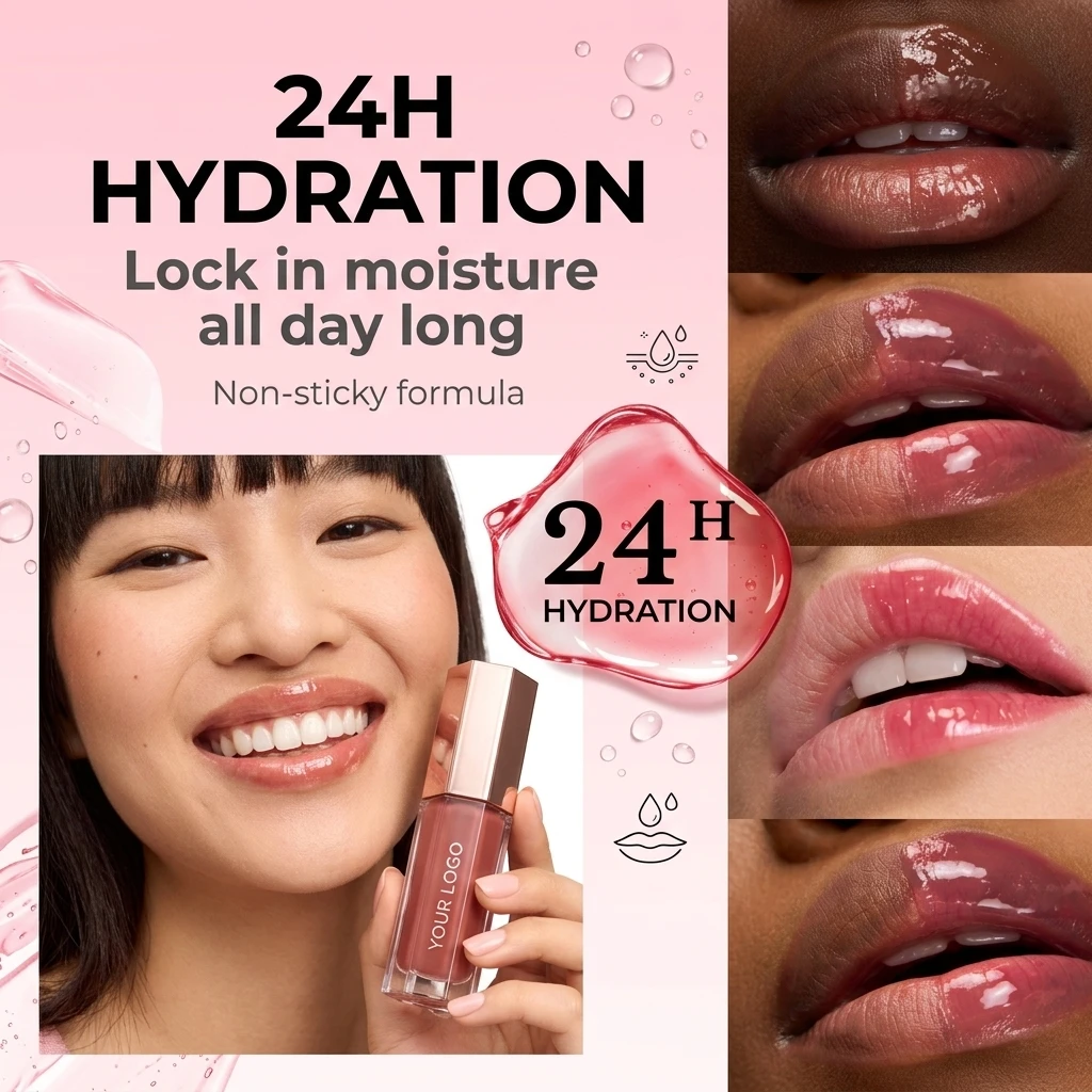 Customized Logo Private Label Glossy Liquid Lipstick Moisturizing Long Lasting Lip Gloss 24HR Hydrating Gloss with Instant Shine