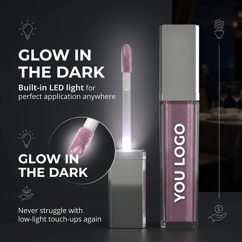 Pure Illumination Lip Gloss with LED-Lit Applicator Brush Side Mirror Non-Sticky Moisturizing Hydrating Lip Glosses with Oil