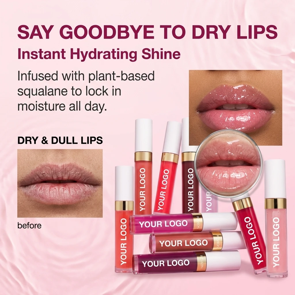 Customizable Logo Super Lustrous Glimmer Lip Oil Moisturizing & Tinted Shiny Finish Made with Plant-Based Squalane