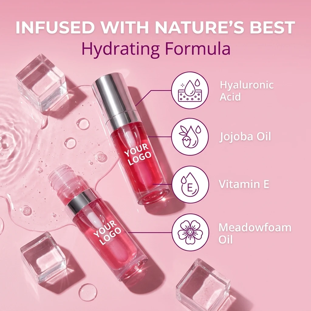 Custom Lip Oil Intense Hydration & Glossy Finish Infused with Hyaluronic Acid Vitamin E & Jojoba Oil Vegan & Cruelty Free