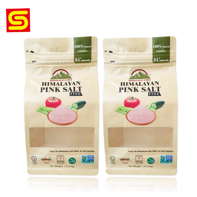 Food Packaging Kraft Paper Flat Bottom Pouch with Clear Window and Zipper